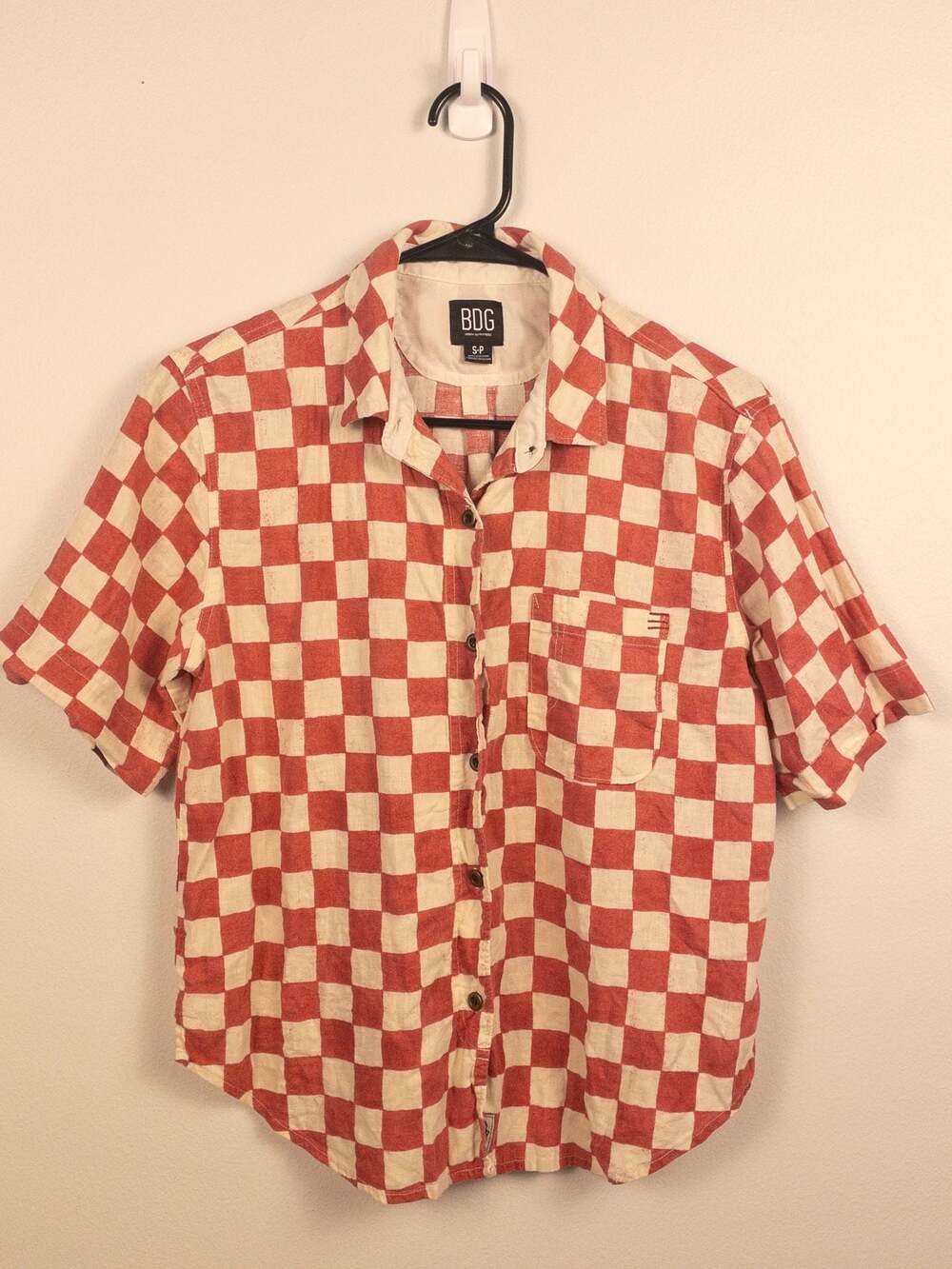BDG Urban Outfitters Pink and Cream Checkered Short Sleeve Button-Up Shirt, S